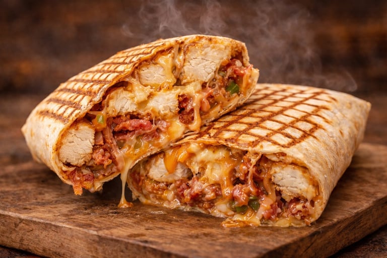 Two grilled burritos filled with meat, cheese, and vegetables, cut in half and served on a wooden board
